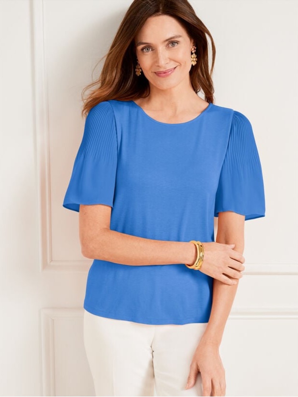 Talbots Blue Pleated Sleeve Crewneck Tee Size Medium